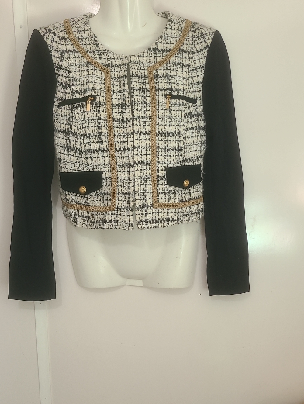 Cache White Tweed Cropped Jacket with Black Sleeves